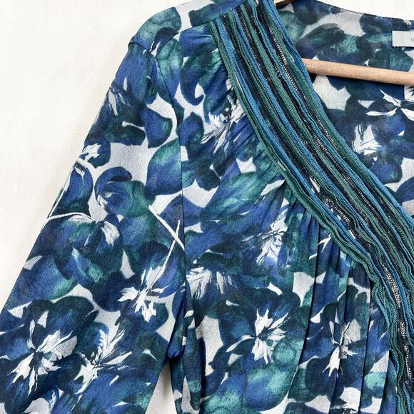 Classiques Entier Womens Silk Top Large Ruched Teal Stretchy Floral Fairy Dainty - Picture 5 of 9